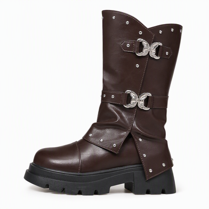 Bottines à talon bloc mi-haut à plateforme pour femmes, avec bout rond, coutures, revers repliable et bride à boucle