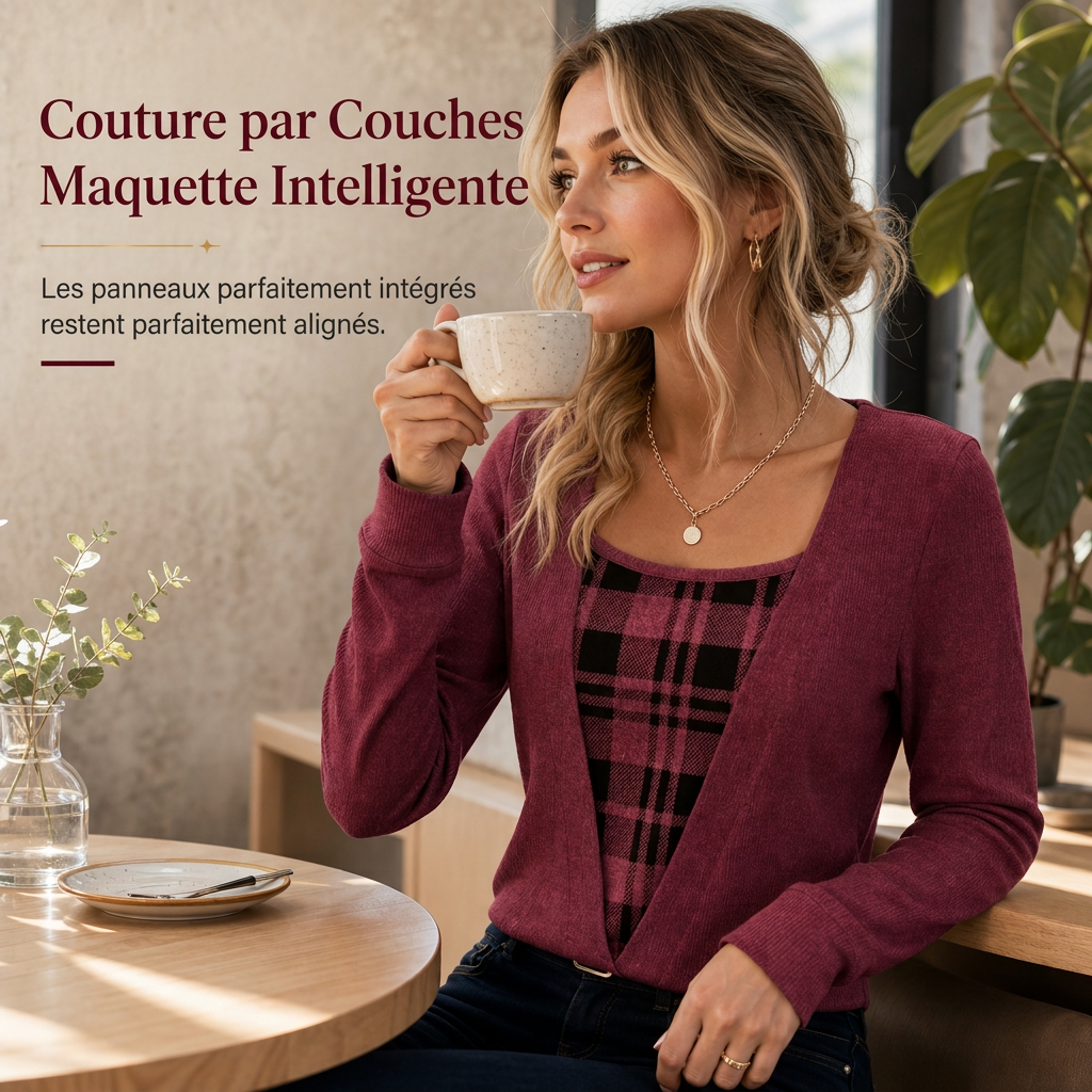 Haut en maille à carreaux effet superposé pour femme