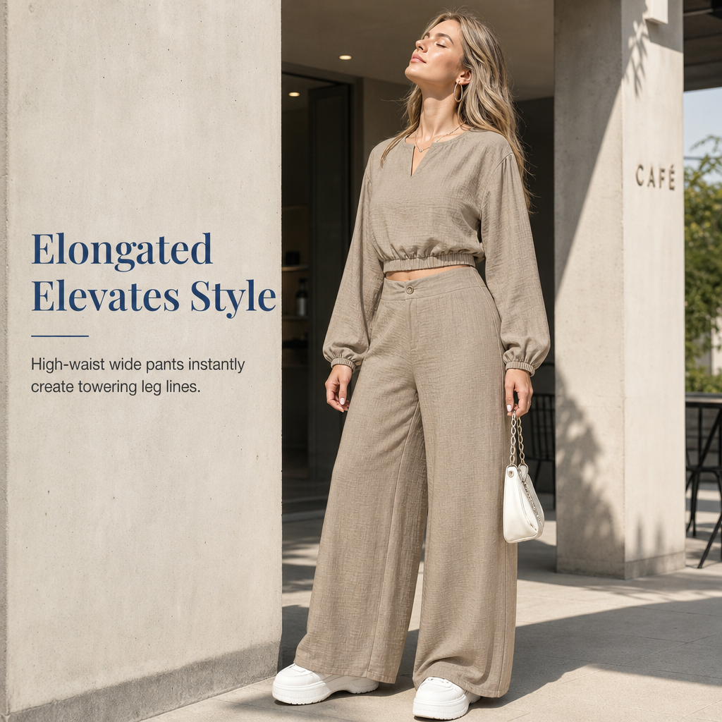 Ensemble pour femme : haut court décontracté à col en V et manches lanterne, et pantalon taille haute à jambes larges