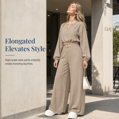 Ensemble pour femme : haut court décontracté à col en V et manches lanterne, et pantalon taille haute à jambes larges