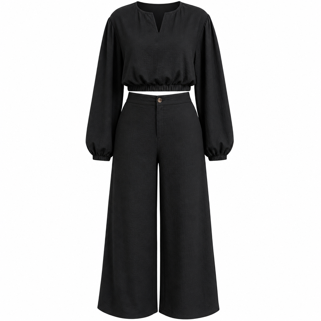Ensemble pour femme : haut court décontracté à col en V et manches lanterne, et pantalon taille haute à jambes larges