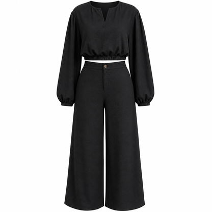 Ensemble pour femme : haut court décontracté à col en V et manches lanterne, et pantalon taille haute à jambes larges