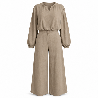Ensemble pour femme : haut court décontracté à col en V et manches lanterne, et pantalon taille haute à jambes larges