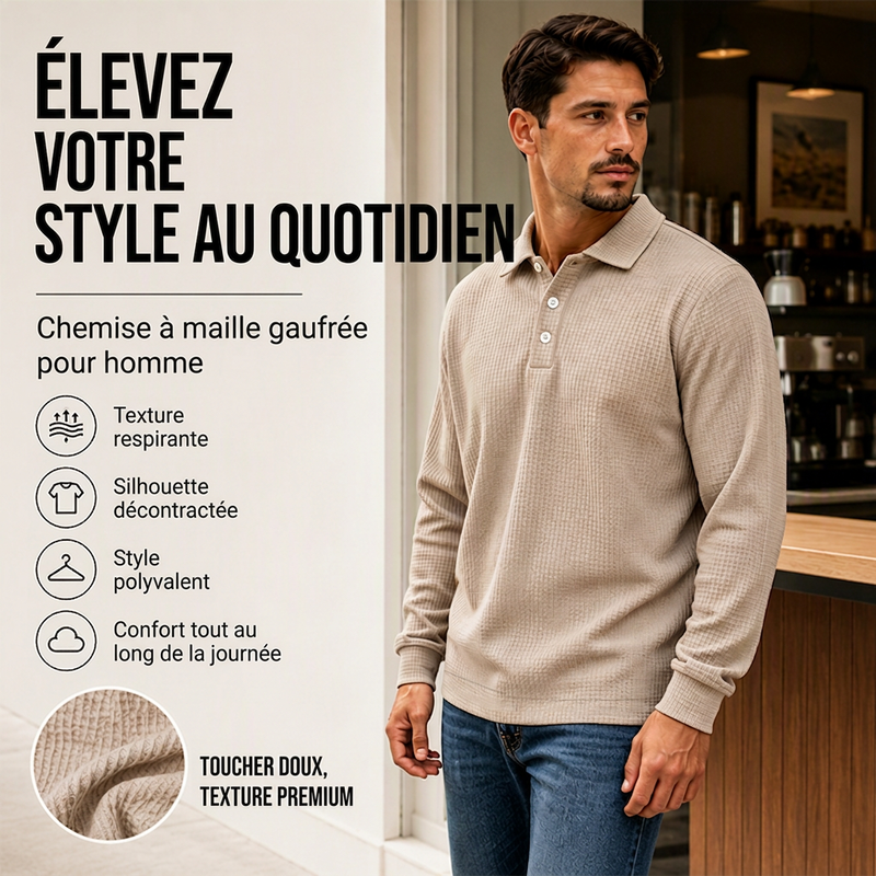Haut à col pour homme en maille gaufre à manches longues