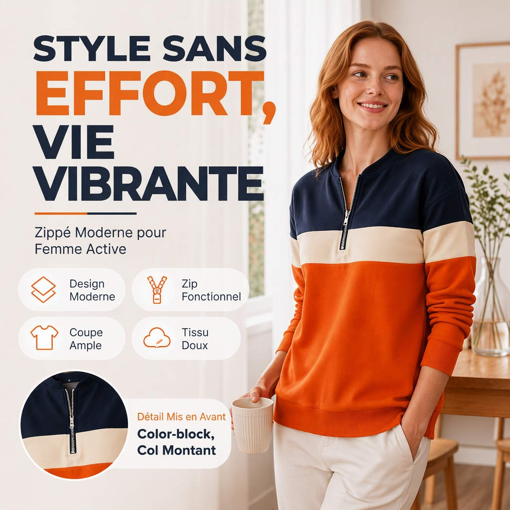 Sweat à demi-zip bicolore pour femme