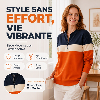 Sweat à demi-zip bicolore pour femme