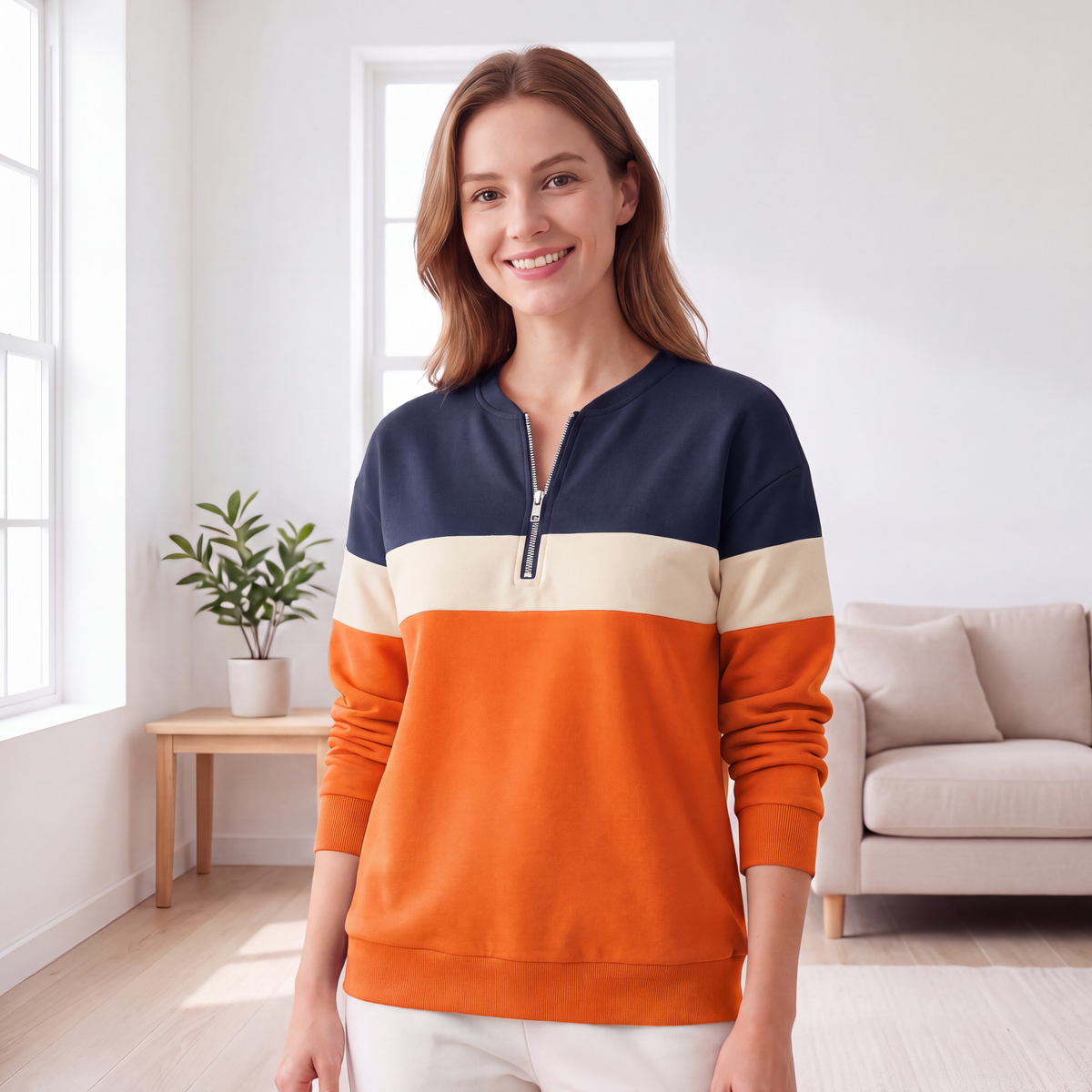 Sweat à demi-zip bicolore pour femme