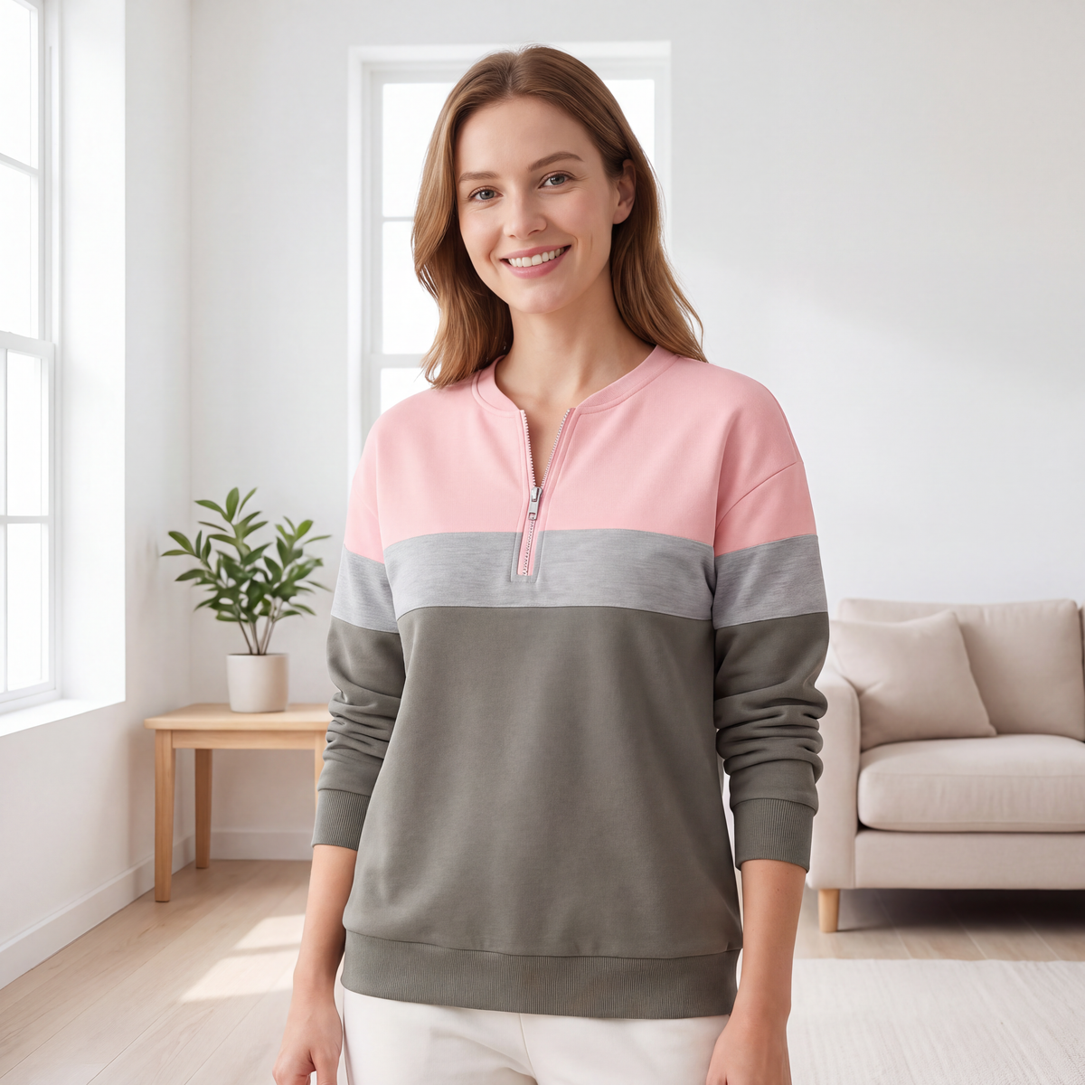 Sweat à demi-zip bicolore pour femme