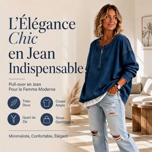 Pull en jean à manches longues et demi-zip pour femme