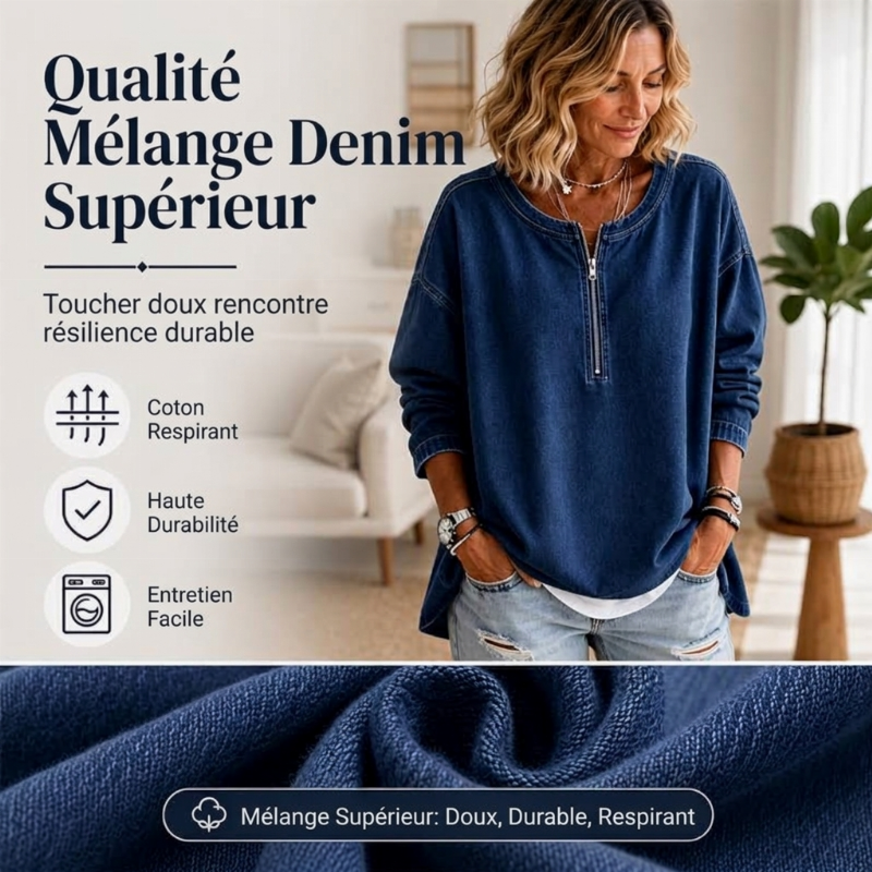 Pull en jean à manches longues et demi-zip pour femme