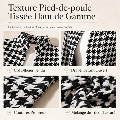 Vêtement à motif pied-de-poule, devant ouvert, col montant fendu et coupe ajustée