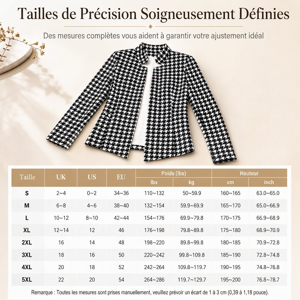 Vêtement à motif pied-de-poule, devant ouvert, col montant fendu et coupe ajustée