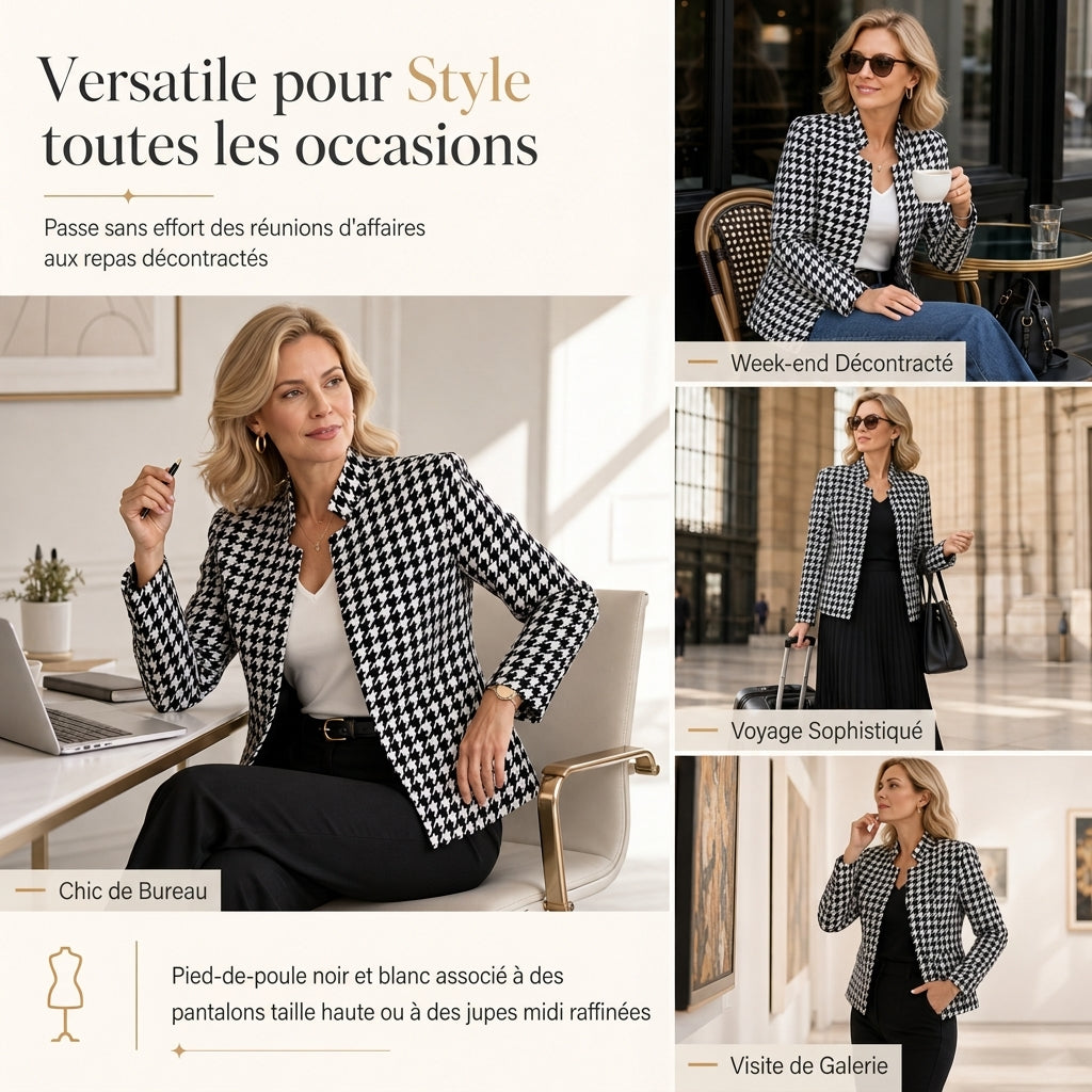 Vêtement à motif pied-de-poule, devant ouvert, col montant fendu et coupe ajustée