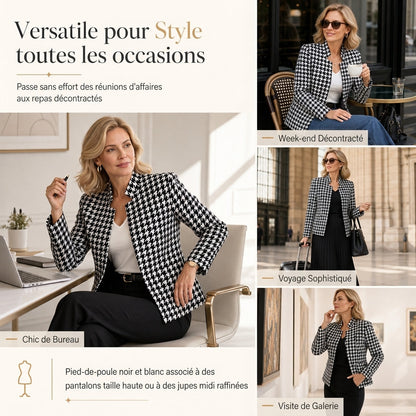 Vêtement à motif pied-de-poule, devant ouvert, col montant fendu et coupe ajustée