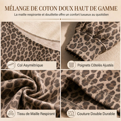 Sweat décontracté à imprimé léopard, épaule dénudée, ample, manches longues, en mélange de coton, haut style pull