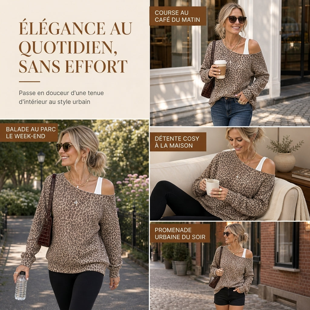 Sweat décontracté à imprimé léopard, épaule dénudée, ample, manches longues, en mélange de coton, haut style pull