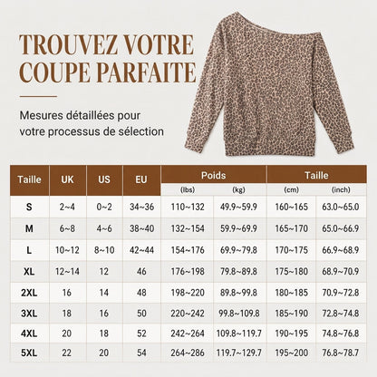 Sweat décontracté à imprimé léopard, épaule dénudée, ample, manches longues, en mélange de coton, haut style pull