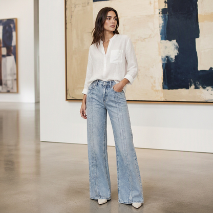 Jean femme coupe large avec coutures sur le devant