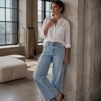 Jean femme coupe large avec coutures sur le devant