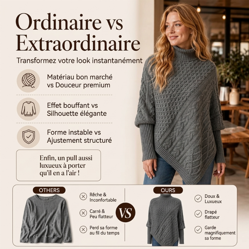 Pull poncho en maille torsadée pour femme
