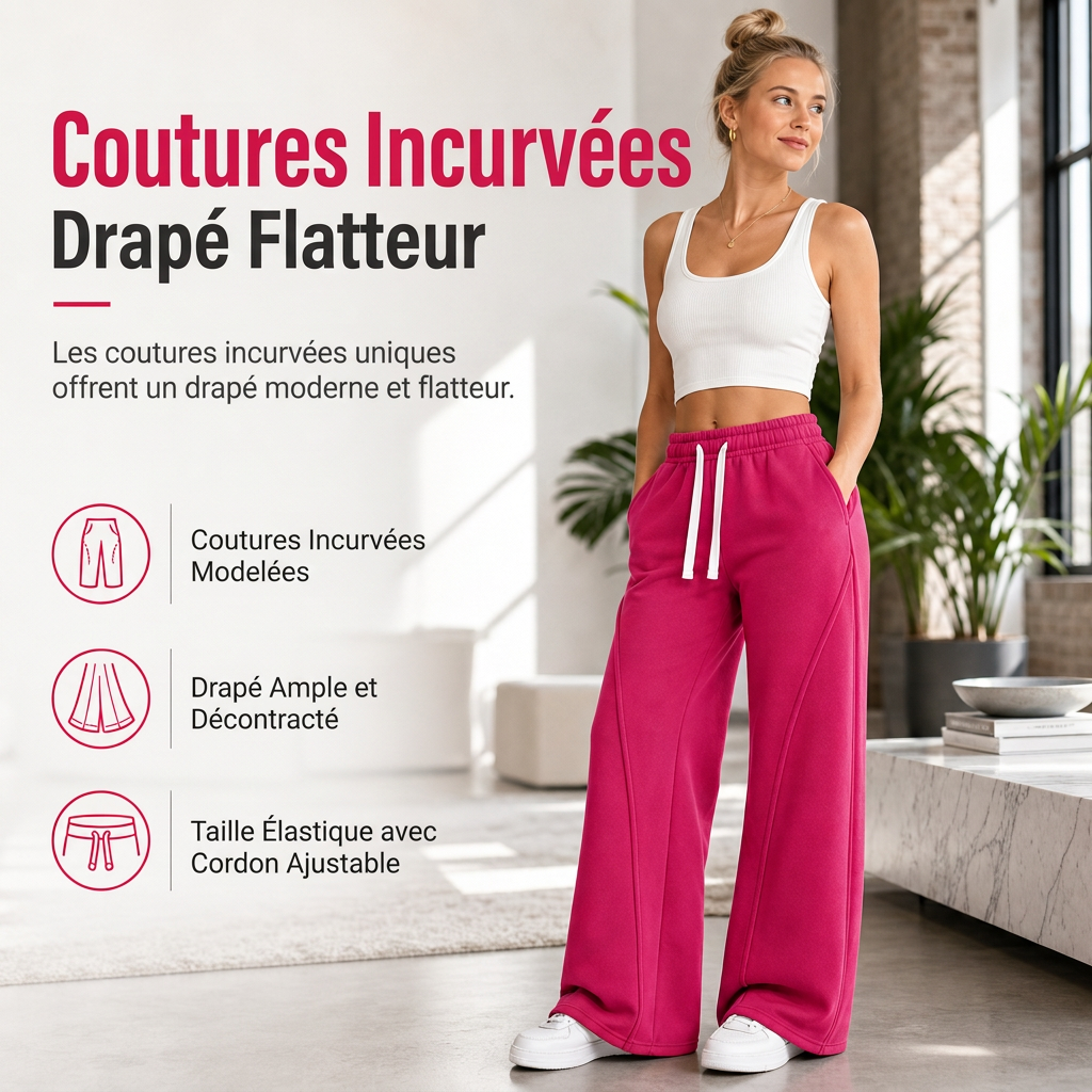 Pantalons de survêtement pour femme à taille haute et jambes larges avec coutures galbées et poches