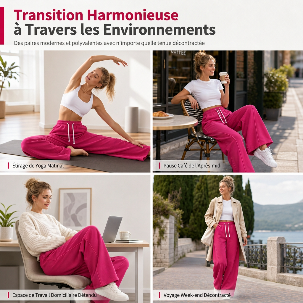 Pantalons de survêtement pour femme à taille haute et jambes larges avec coutures galbées et poches