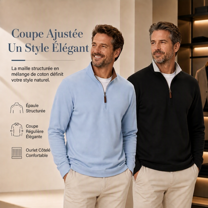 Pull à col montant quart de zip pour homme, sweatshirt à manches longues en mélange de coton
