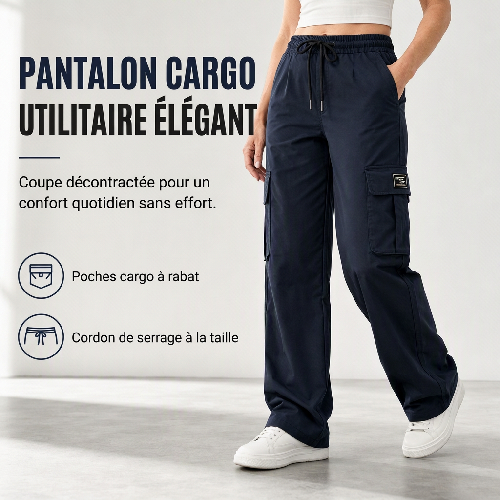 Pantalon cargo femme coupe droite décontractée avec taille élastique à cordon de serrage et poches utilitaires latérales