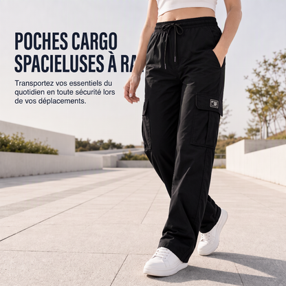 Pantalon cargo femme coupe droite décontractée avec taille élastique à cordon de serrage et poches utilitaires latérales