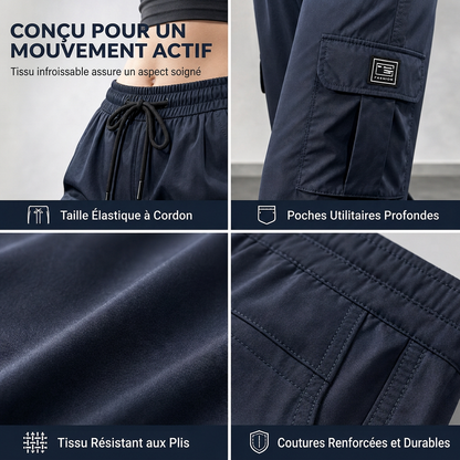 Pantalon cargo femme coupe droite décontractée avec taille élastique à cordon de serrage et poches utilitaires latérales