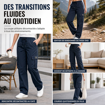 Pantalon cargo femme coupe droite décontractée avec taille élastique à cordon de serrage et poches utilitaires latérales