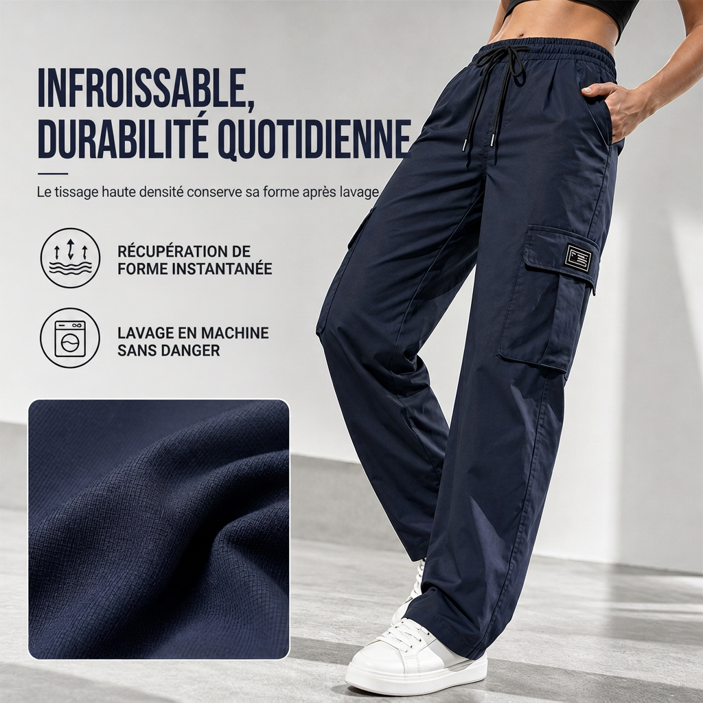 Pantalon cargo femme coupe droite décontractée avec taille élastique à cordon de serrage et poches utilitaires latérales