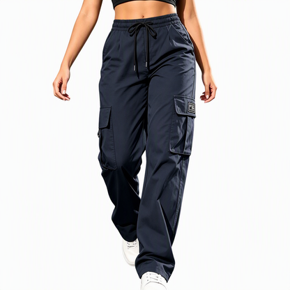 Pantalon cargo femme coupe droite décontractée avec taille élastique à cordon de serrage et poches utilitaires latérales