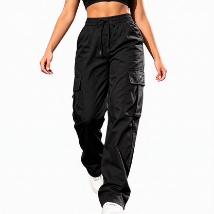 Pantalon cargo femme coupe droite décontractée avec taille élastique à cordon de serrage et poches utilitaires latérales
