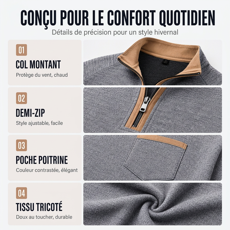 Pull à col quart-zip doublé chaud pour homme