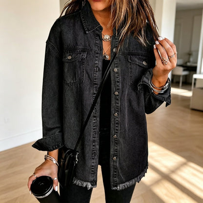 Veste en jean délavé à ourlet effiloché pour femme
