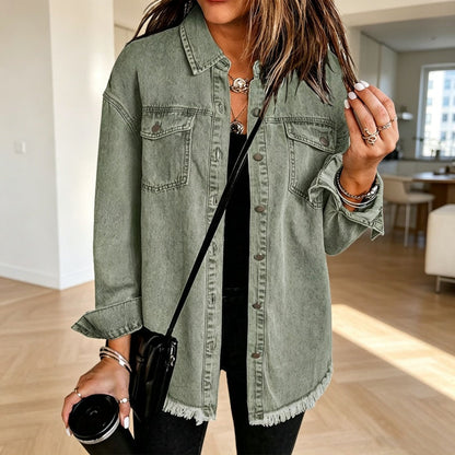Veste en jean délavé à ourlet effiloché pour femme