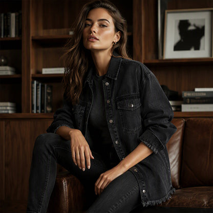 Veste en jean délavé à ourlet effiloché pour femme