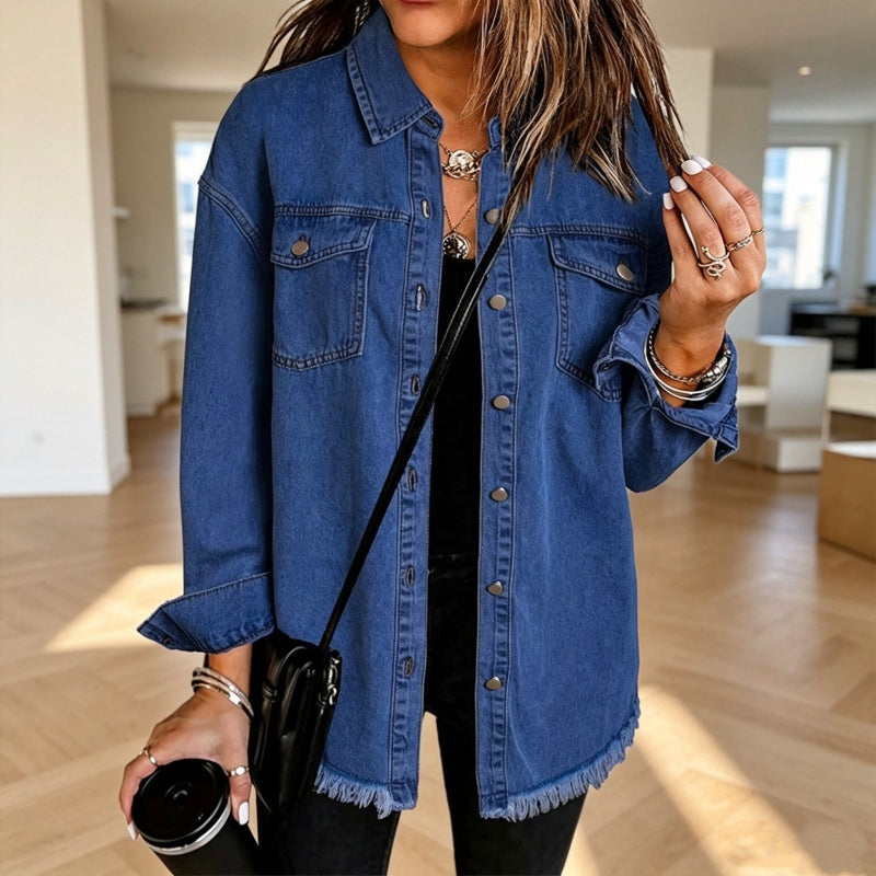 Veste en jean délavé à ourlet effiloché pour femme
