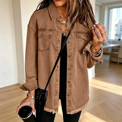 Veste en jean délavé à ourlet effiloché pour femme