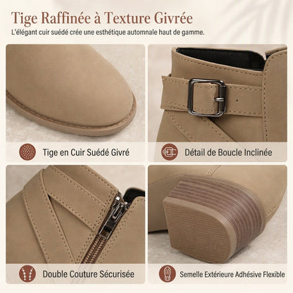 Bottines Martin en daim pour femmes avec boucle inclinée, talon moyen épais et fermeture à glissière latérale
