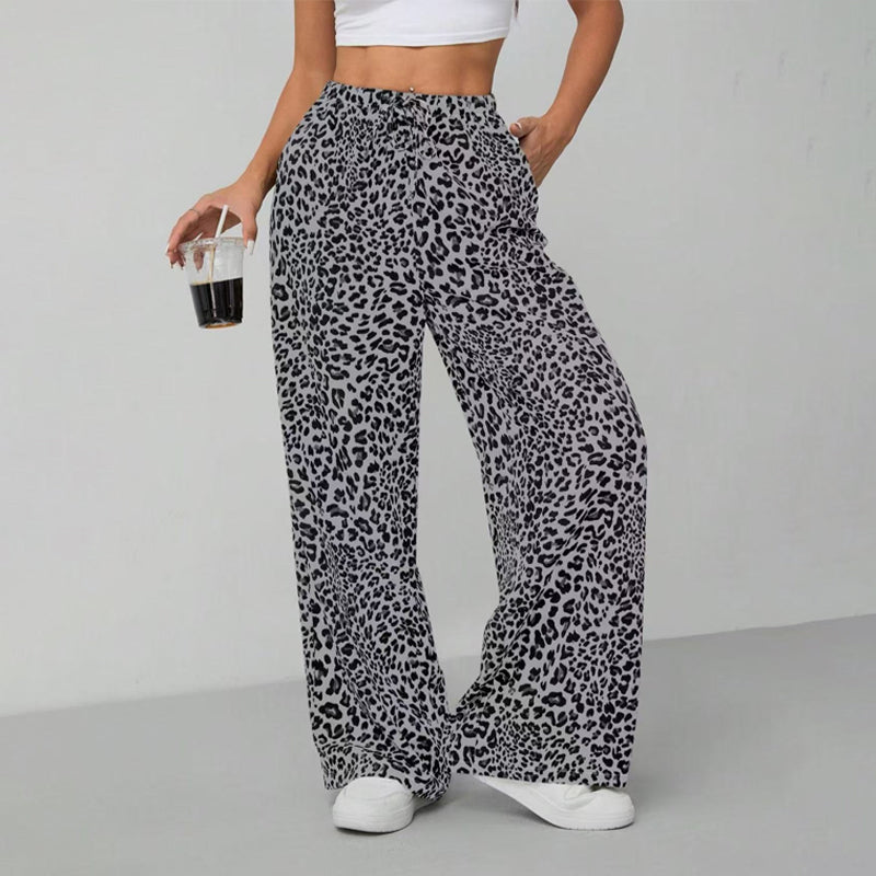 Pantalon large droit à imprimé léopard pour femme, style mode