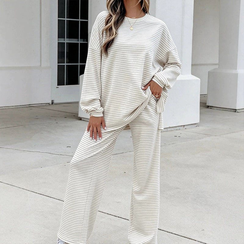 Ensemble 2 pièces pour femme : pull rayé et pantalon large