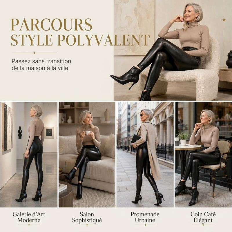 Leggings taille haute pour femme en simili cuir PU