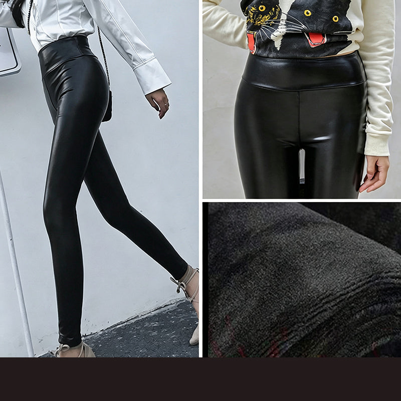 Leggings taille haute pour femme en simili cuir PU