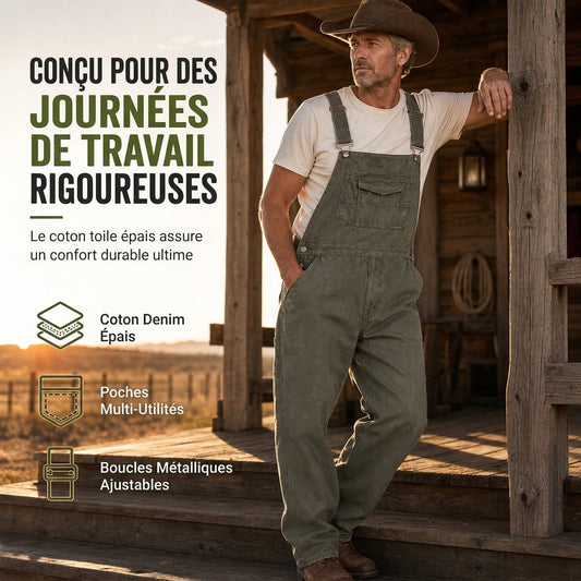 Salopettes en jean de coton épais pour homme, coupe décontractée, jambes droites, avec multiples poches utilitaires
