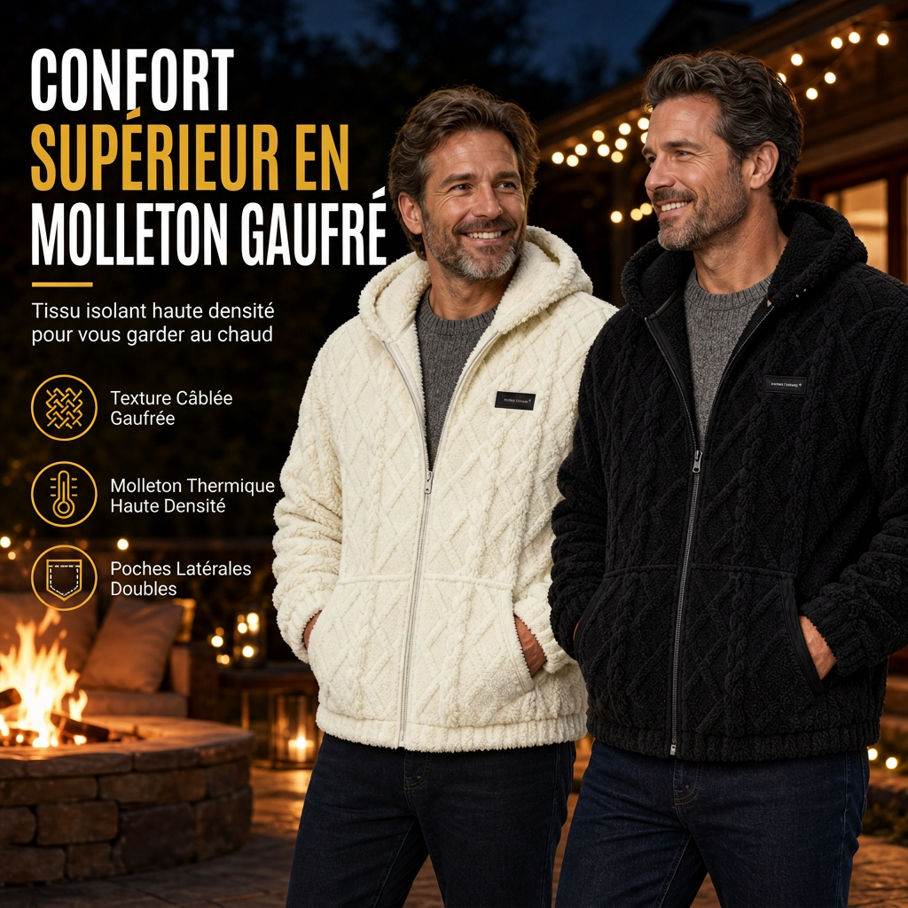 Veste à capuche zippée en polaire sherpa gaufrée torsadée pour homme avec poches