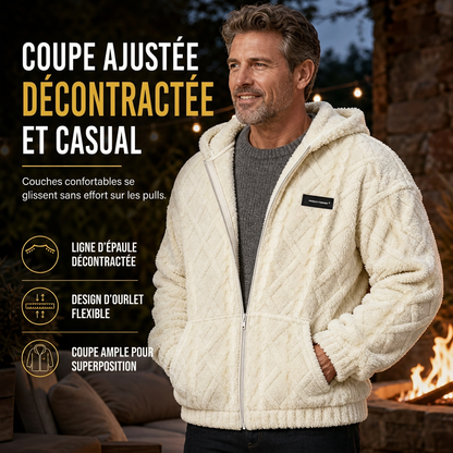 Veste à capuche zippée en polaire sherpa gaufrée torsadée pour homme avec poches