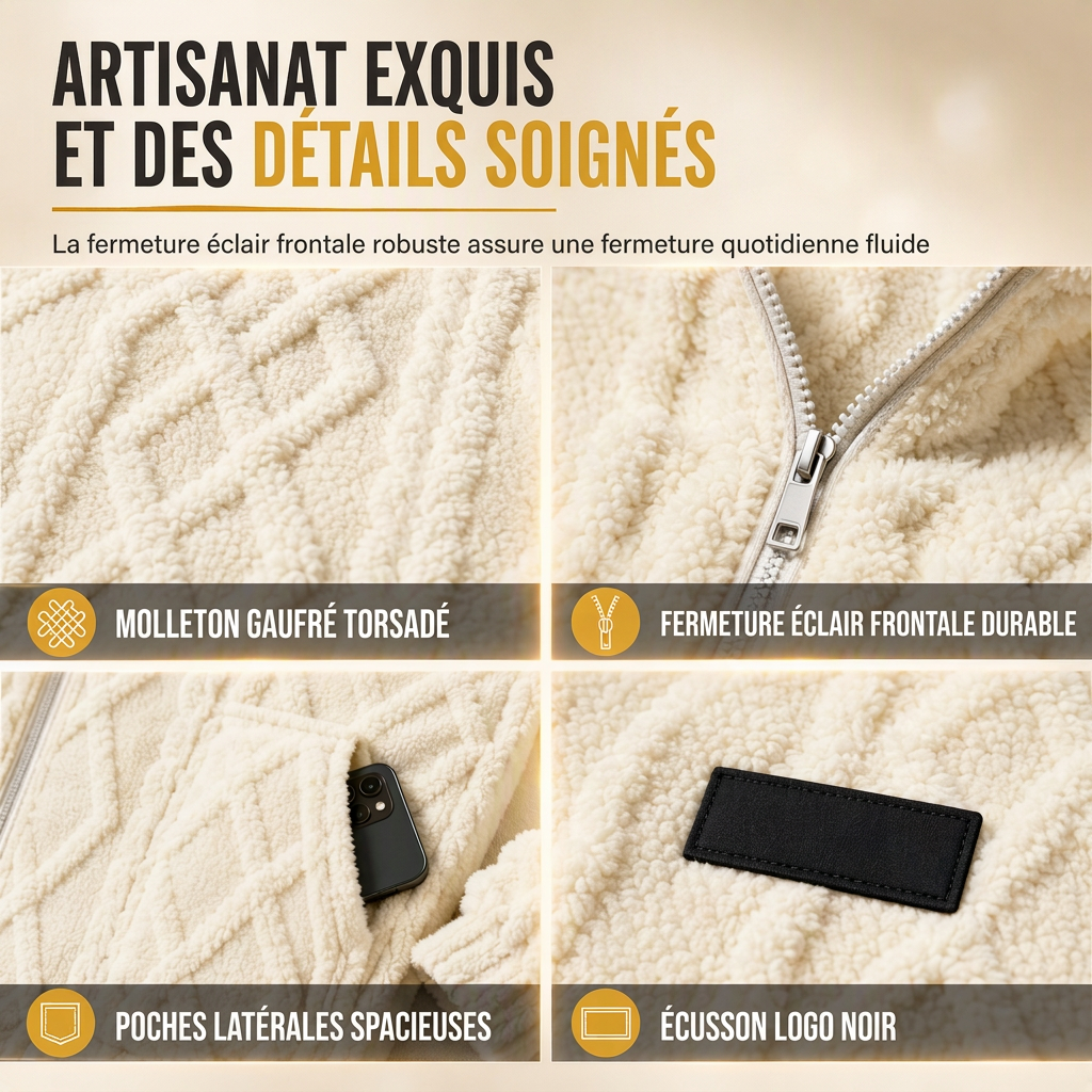 Veste à capuche zippée en polaire sherpa gaufrée torsadée pour homme avec poches