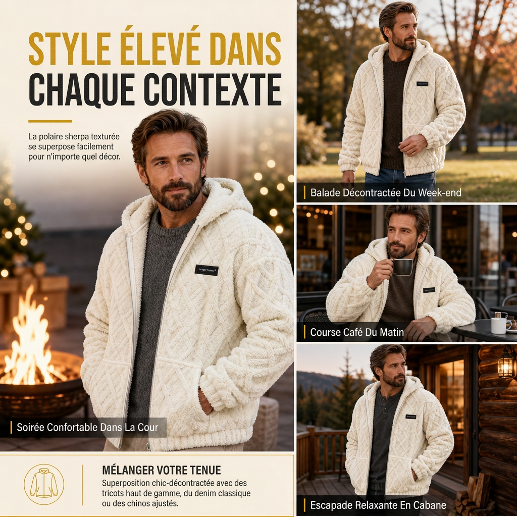 Veste à capuche zippée en polaire sherpa gaufrée torsadée pour homme avec poches